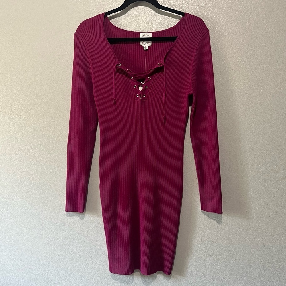 HIPPIE ROSE- NWT Knit Dress with Long Sleeves Cross Strings in Dark Pink…